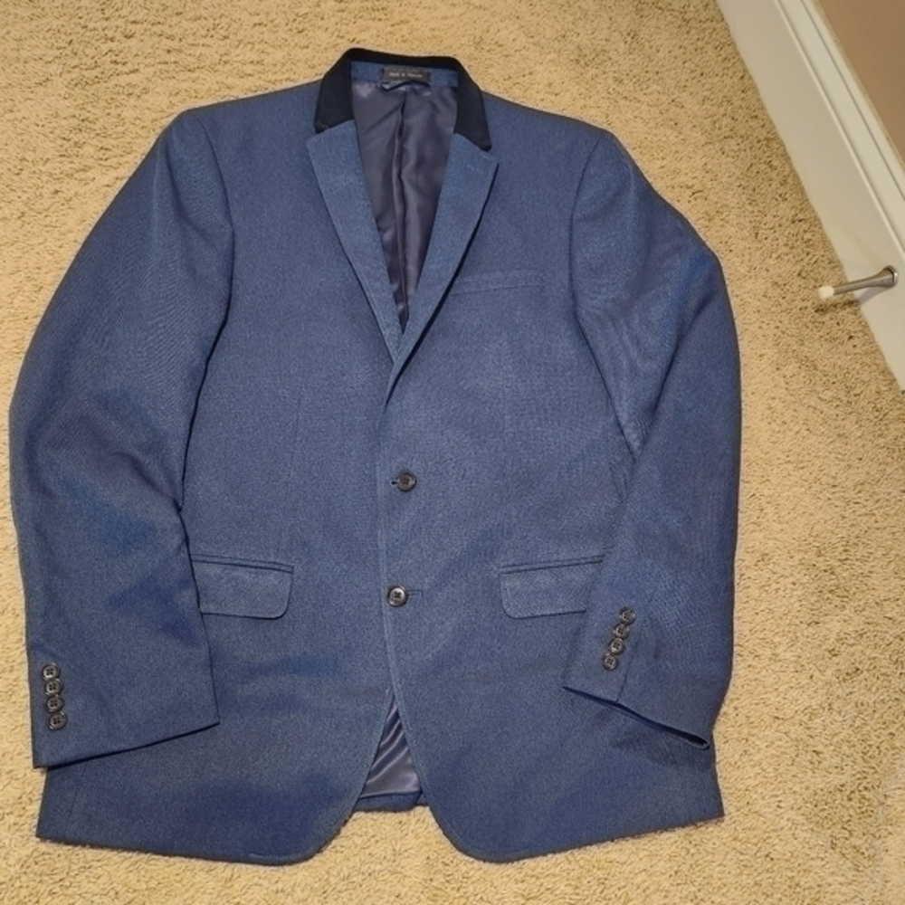 Andrew Fezza Blue Sport‎ Coat Jacket 44L Pockets Corduroy Collar Prom Dance